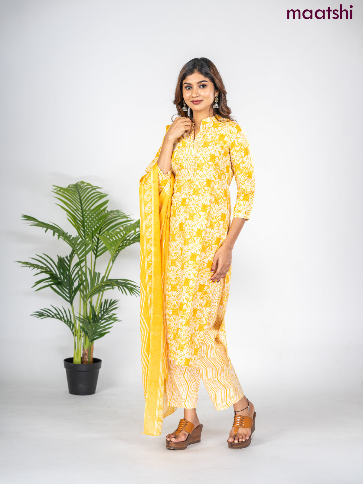 Semi cotton salwar suit mustard yellow and off white with allover prints & embroidery mirror work neck pattern and straight cut pant & dupatta