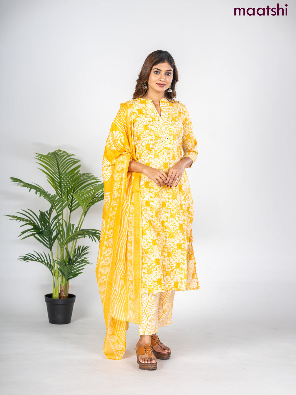 Semi cotton salwar suit mustard yellow and off white with allover prints & embroidery mirror work neck pattern and straight cut pant & dupatta