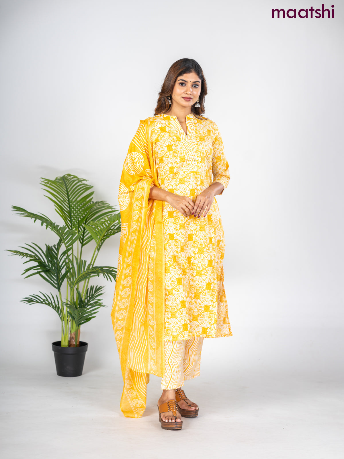 Semi cotton salwar suit mustard yellow and off white with allover prints & embroidery mirror work neck pattern and straight cut pant & dupatta