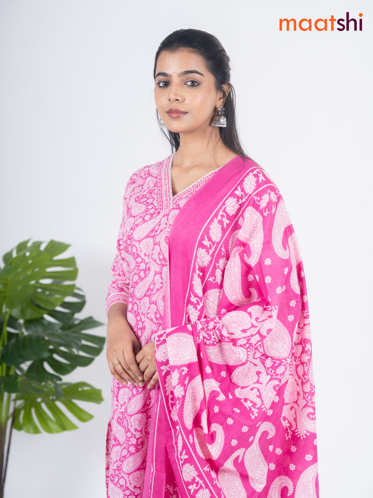 Semi cotton salwar suit pink with allover prints & sequin lace work v neck pattern and straight cut pant & dupatta