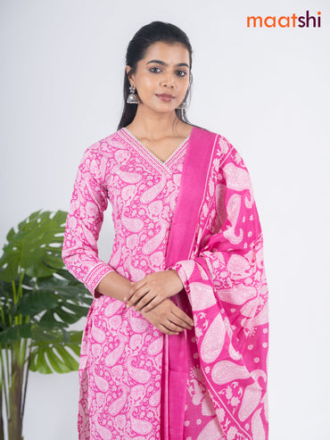 Semi cotton salwar suit pink with allover prints & sequin lace work v neck pattern and straight cut pant & dupatta
