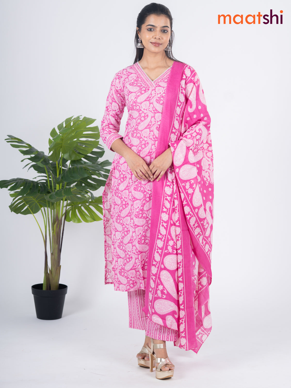 Semi cotton salwar suit pink with allover prints & sequin lace work v neck pattern and straight cut pant & dupatta