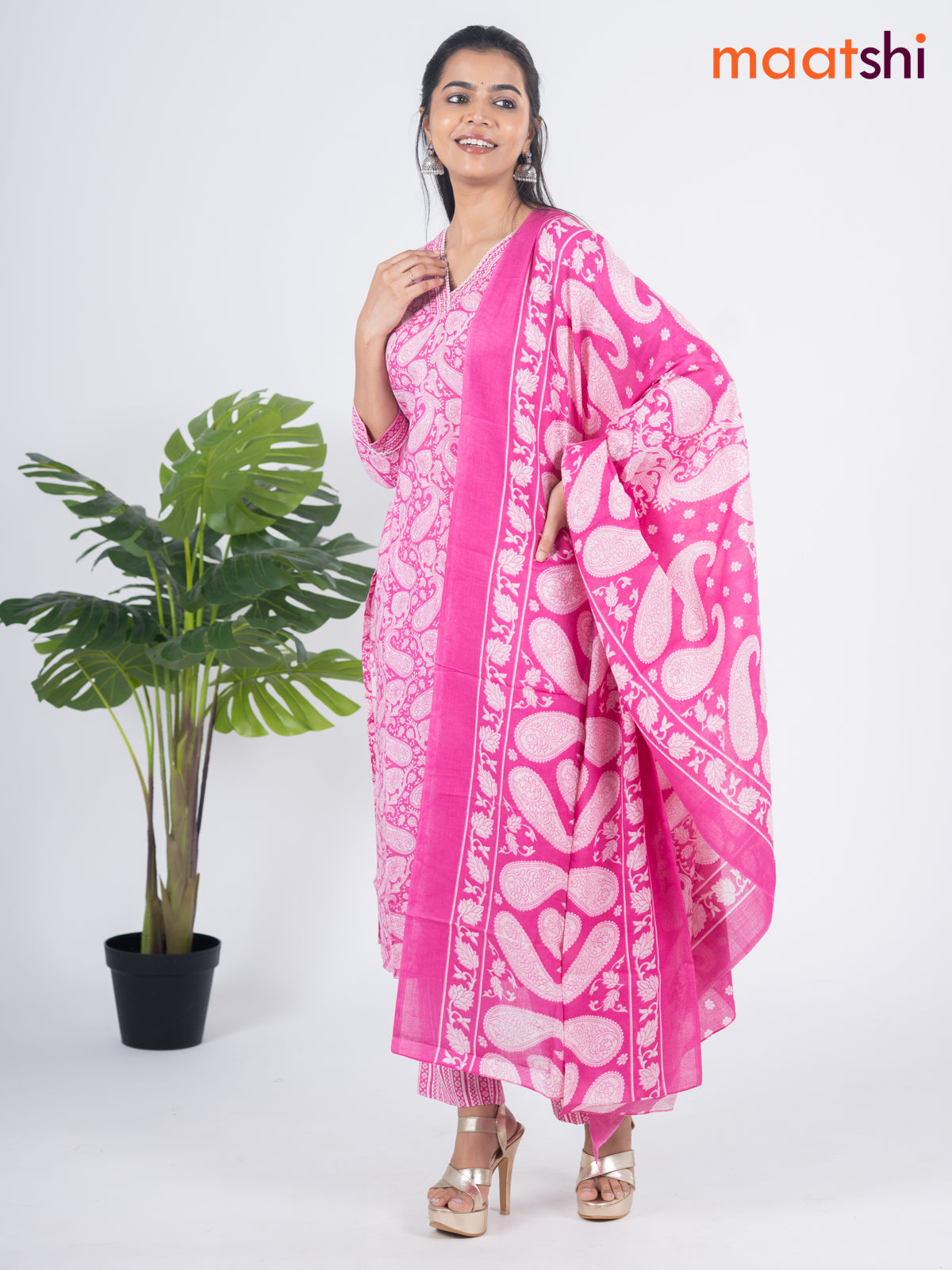 Semi cotton salwar suit pink with allover prints & sequin lace work v neck pattern and straight cut pant & dupatta