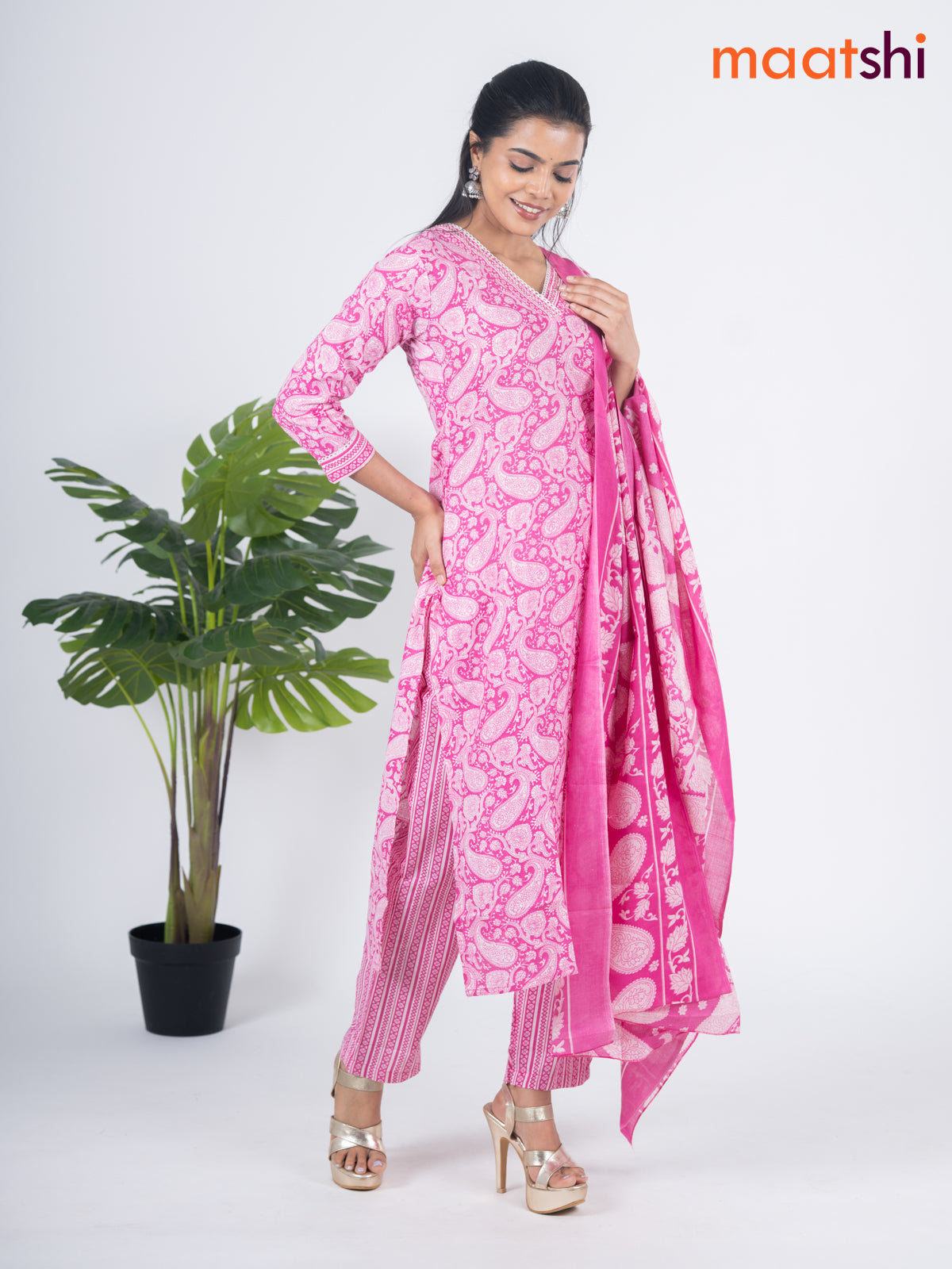 Semi cotton salwar suit pink with allover prints & sequin lace work v neck pattern and straight cut pant & dupatta