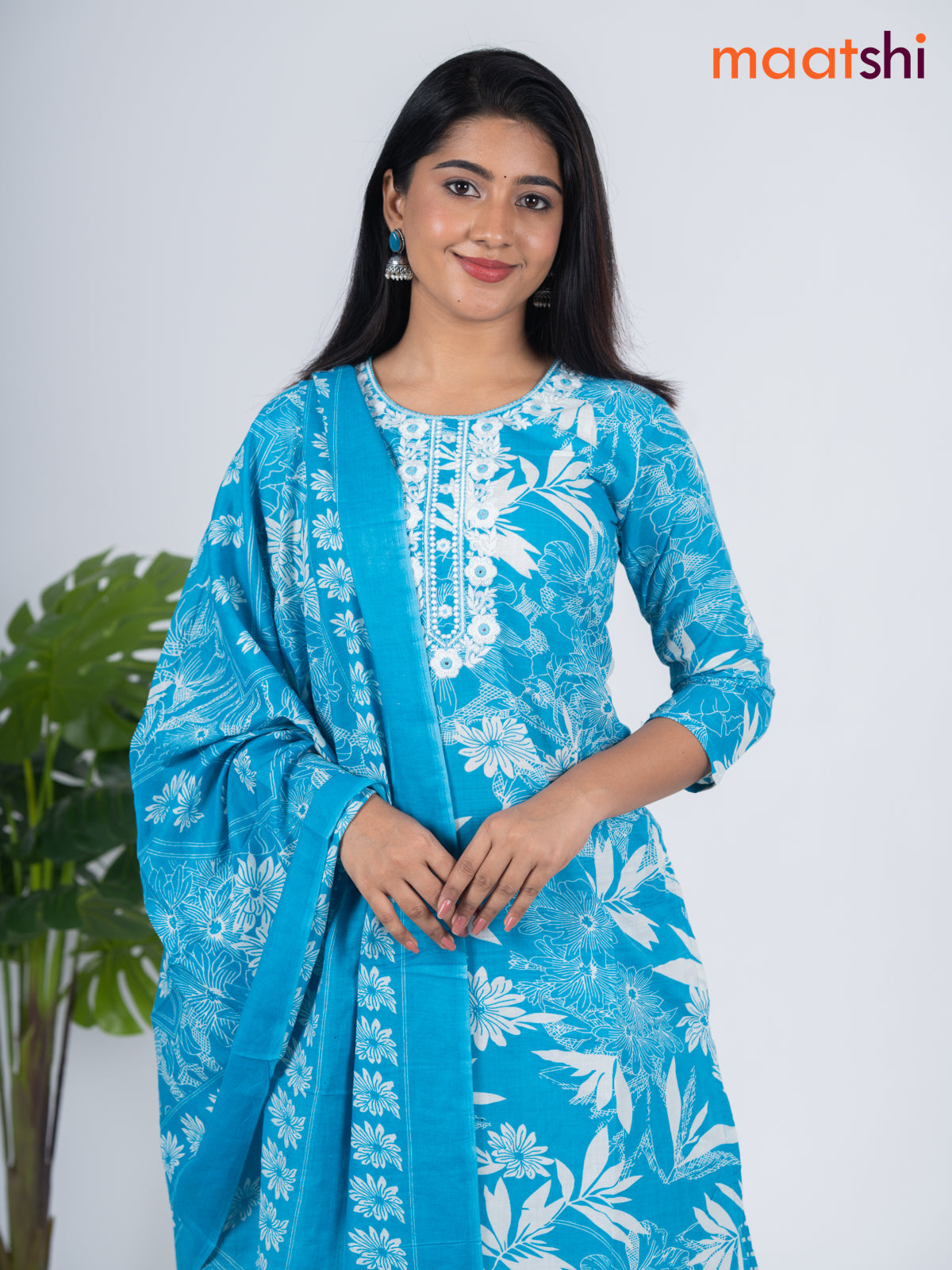 Semi cotton salwar suit blue and off white with allover floral prints & embroidery work neck pattern and straight cut pant & dupatta