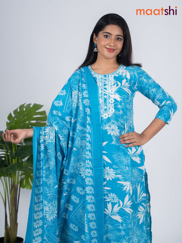 Semi cotton salwar suit blue and off white with allover floral prints & embroidery work neck pattern and straight cut pant & dupatta