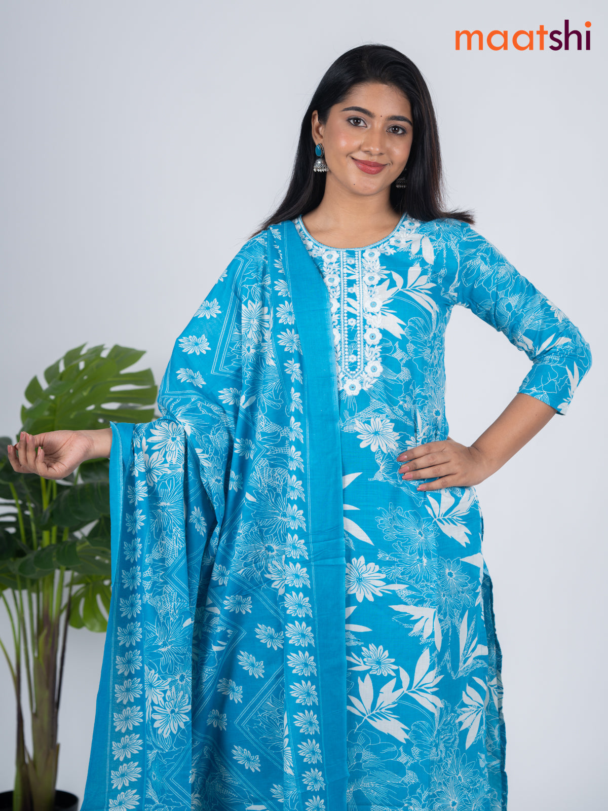 Semi cotton salwar suit blue and off white with allover floral prints & embroidery work neck pattern and straight cut pant & dupatta