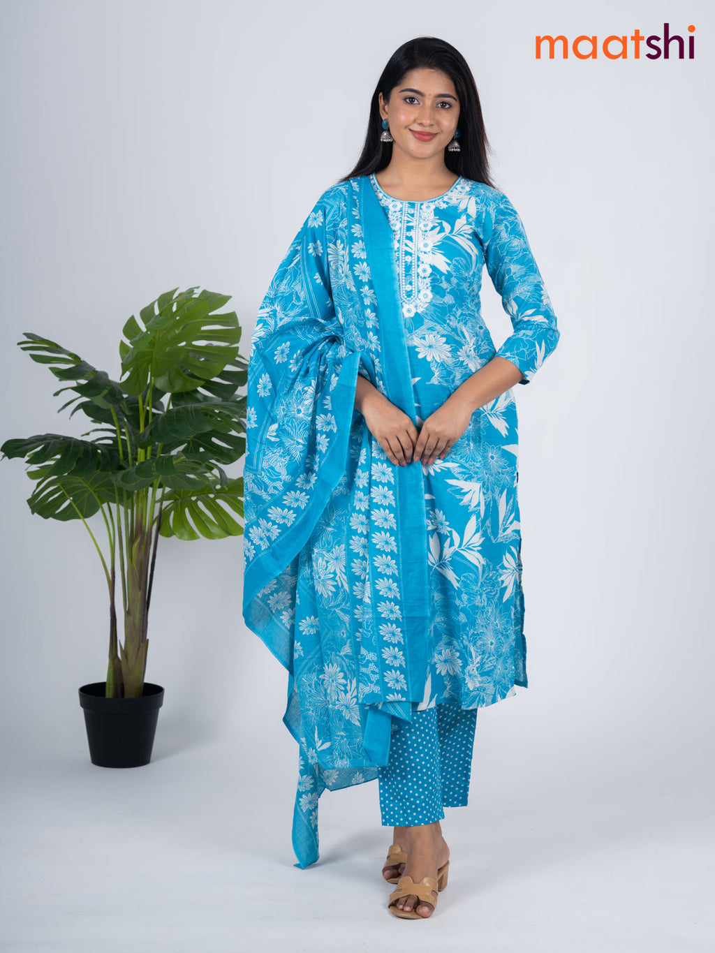 Semi cotton salwar suit blue and off white with allover floral prints & embroidery work neck pattern and straight cut pant & dupatta