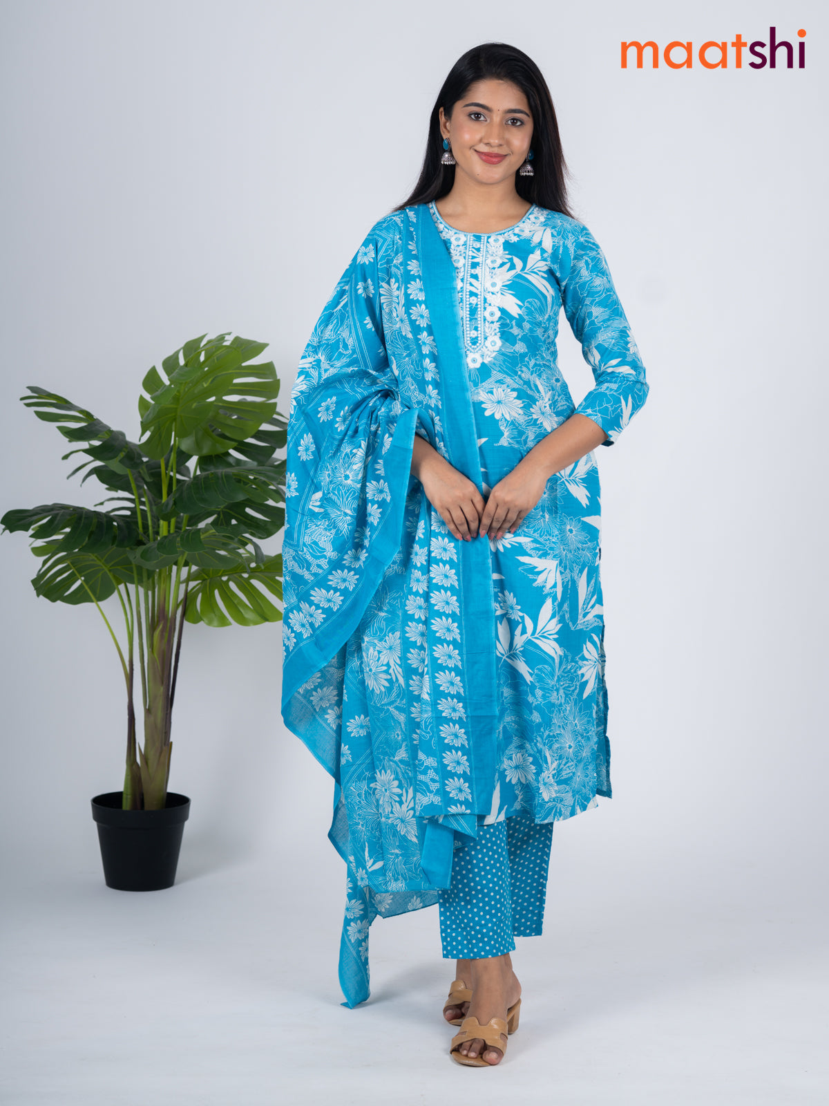 Semi cotton salwar suit blue and off white with allover floral prints & embroidery work neck pattern and straight cut pant & dupatta