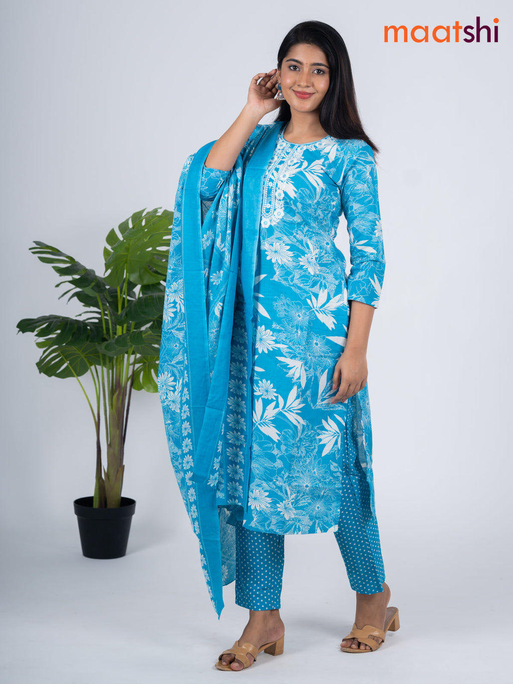Semi cotton salwar suit blue and off white with allover floral prints & embroidery work neck pattern and straight cut pant & dupatta