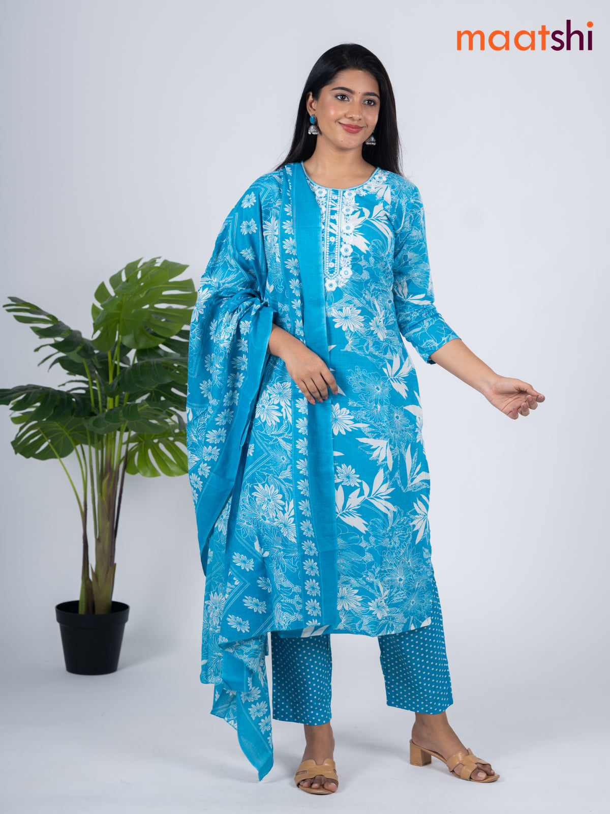 Semi cotton salwar suit blue and off white with allover floral prints & embroidery work neck pattern and straight cut pant & dupatta