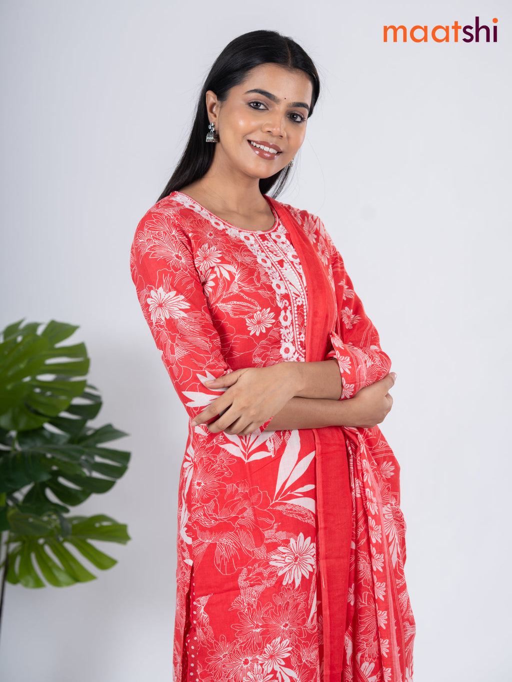 Semi cotton salwar suit peach orange and off white with allover floral prints & embroidery work neck pattern and straight cut pant & dupatta
