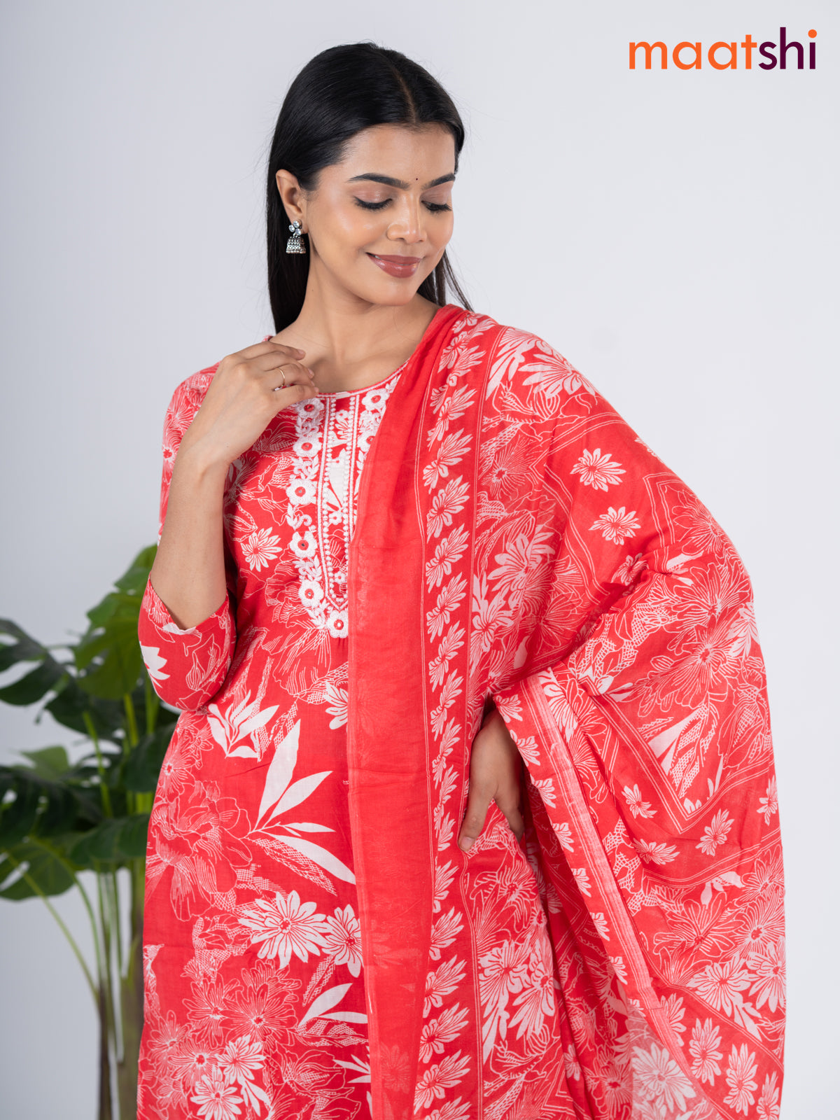 Semi cotton salwar suit peach orange and off white with allover floral prints & embroidery work neck pattern and straight cut pant & dupatta