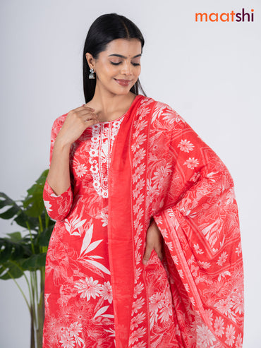 Semi cotton salwar suit peach orange and off white with allover floral prints & embroidery work neck pattern and straight cut pant & dupatta