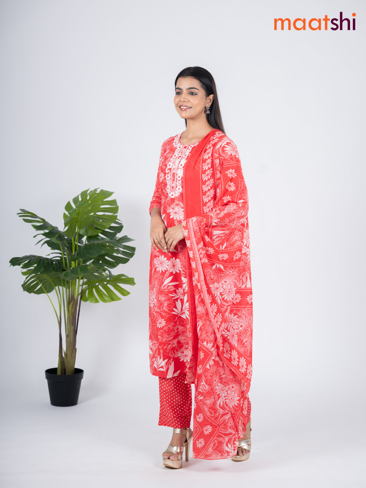 Semi cotton salwar suit peach orange and off white with allover floral prints & embroidery work neck pattern and straight cut pant & dupatta