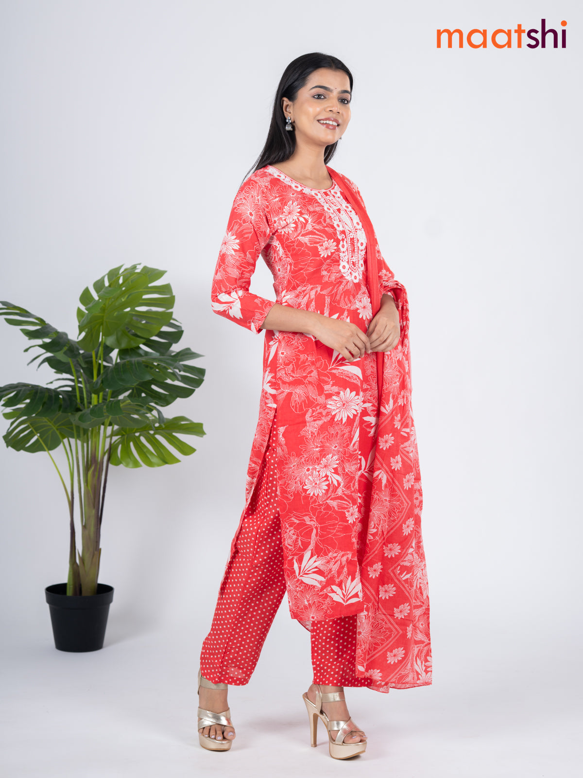 Semi cotton salwar suit peach orange and off white with allover floral prints & embroidery work neck pattern and straight cut pant & dupatta