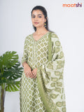 Semi cotton salwar suit off white and green with allover prints & embroidery sequin work v neck pattern and straight cut pant & dupatta