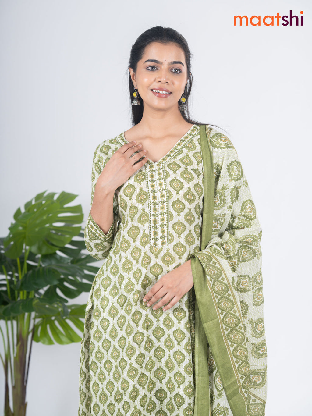 Semi cotton salwar suit off white and green with allover prints & embroidery sequin work v neck pattern and straight cut pant & dupatta