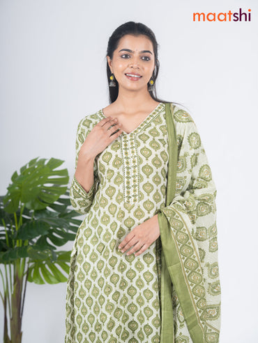 Semi cotton salwar suit off white and green with allover prints & embroidery sequin work v neck pattern and straight cut pant & dupatta