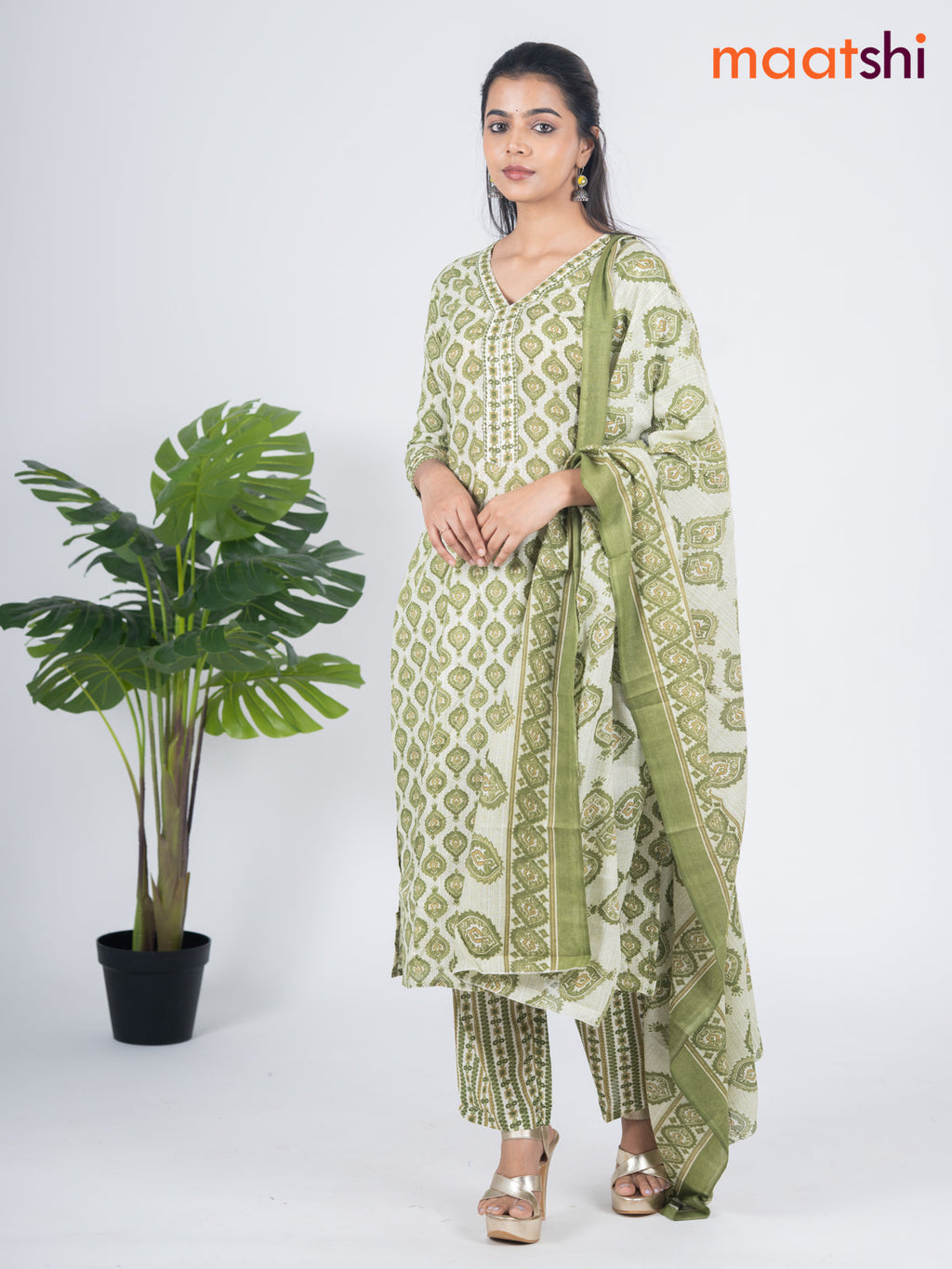 Semi cotton salwar suit off white and green with allover prints & embroidery sequin work v neck pattern and straight cut pant & dupatta