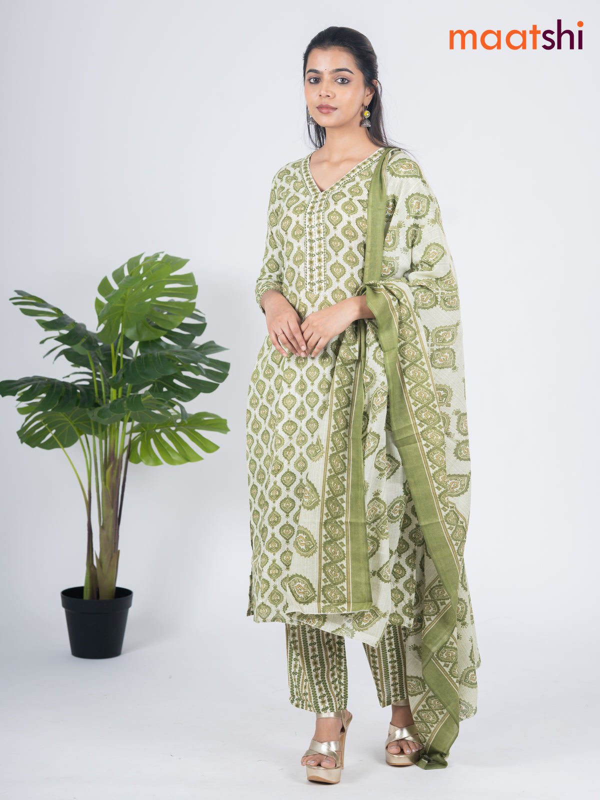 Semi cotton salwar suit off white and green with allover prints & embroidery sequin work v neck pattern and straight cut pant & dupatta