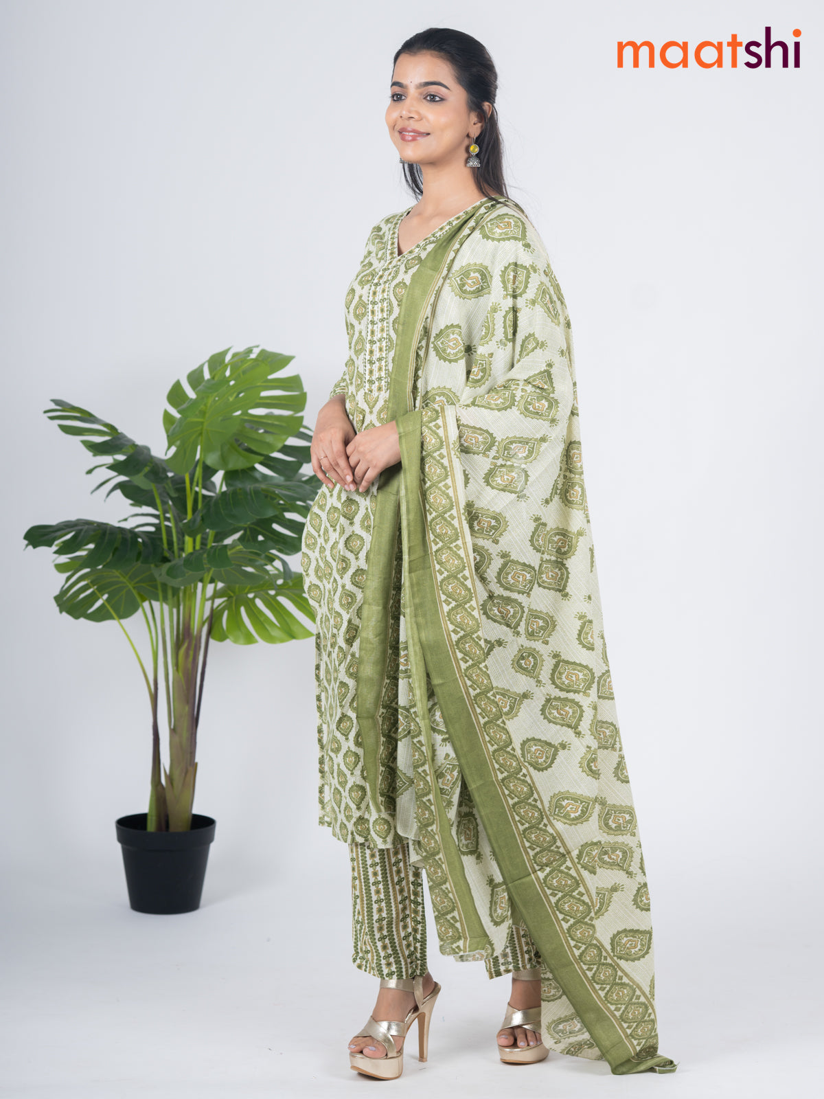 Semi cotton salwar suit off white and green with allover prints & embroidery sequin work v neck pattern and straight cut pant & dupatta