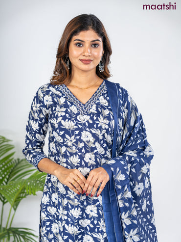 Semi cotton salwar suit blue and off white with allover floral prints & sequin work neck pattern and straight cut pant & dupatta