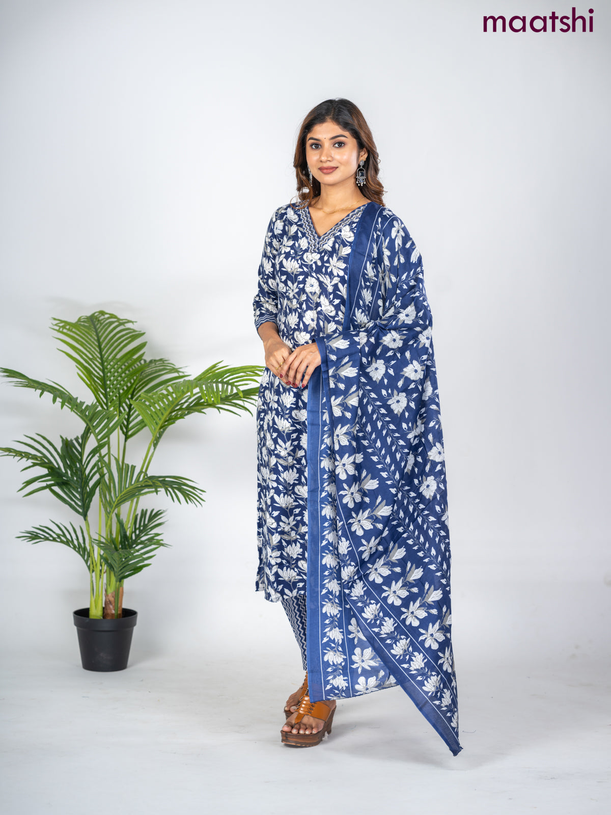 Semi cotton salwar suit blue and off white with allover floral prints & sequin work neck pattern and straight cut pant & dupatta