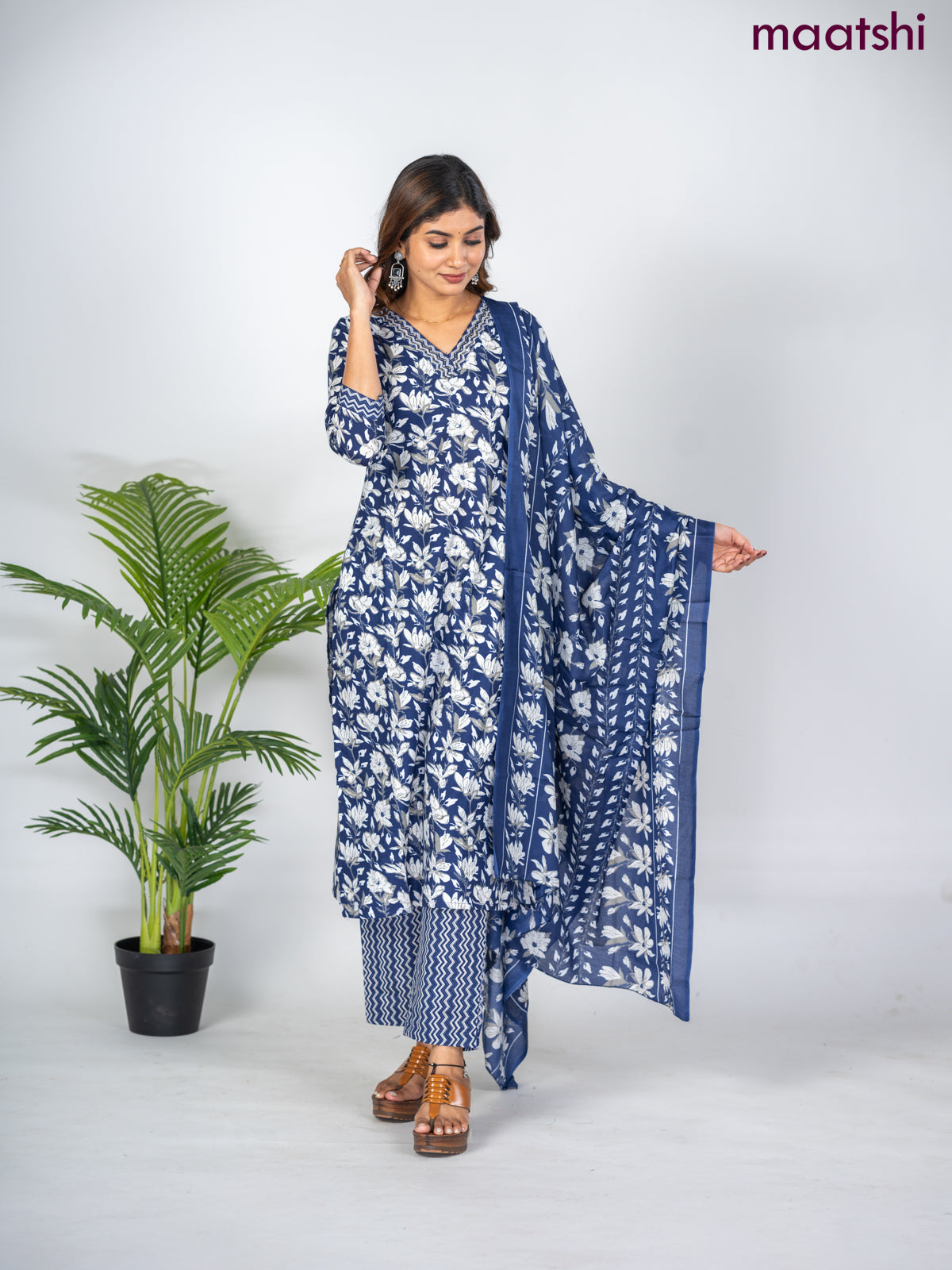 Semi cotton salwar suit blue and off white with allover floral prints & sequin work neck pattern and straight cut pant & dupatta