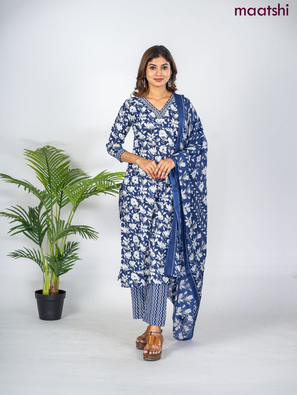 Semi cotton salwar suit blue and off white with allover floral prints & sequin work neck pattern and straight cut pant & dupatta