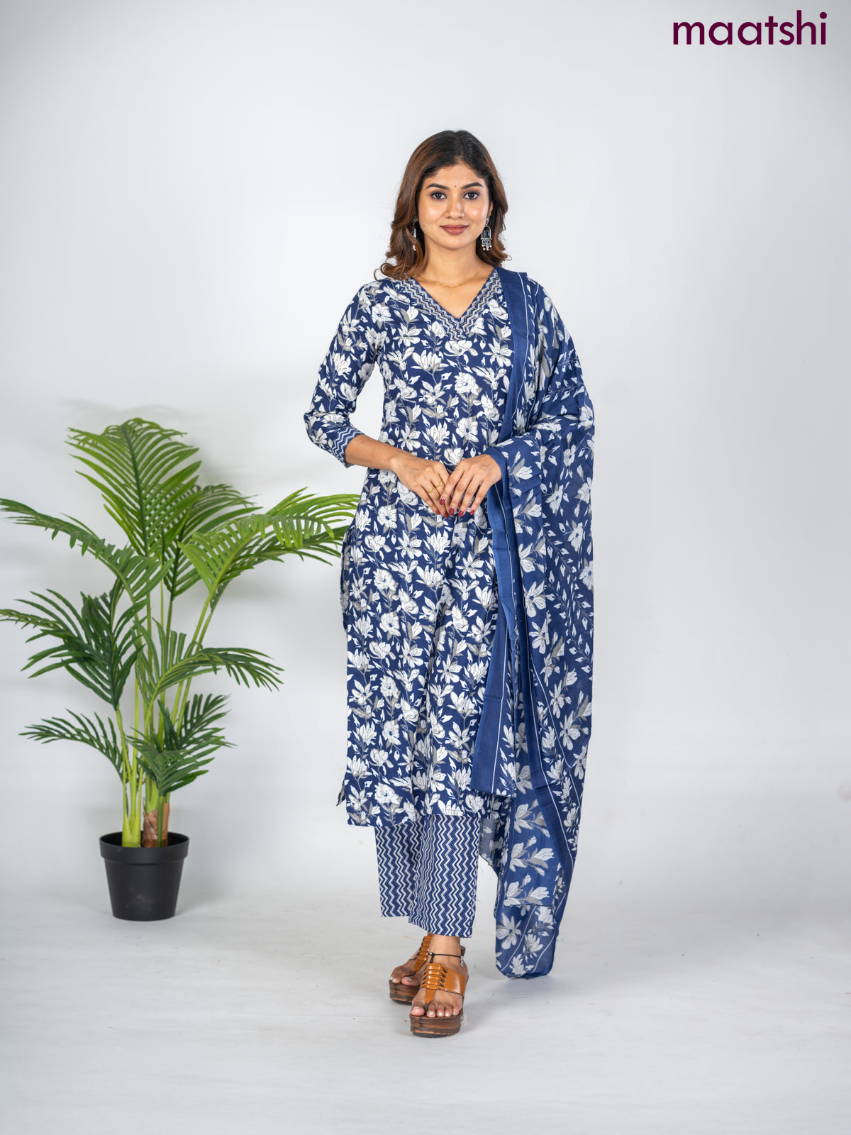 Semi cotton salwar suit blue and off white with allover floral prints & sequin work neck pattern and straight cut pant & dupatta