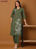 Cotton co-ord set green with floral embroidery work & v neck pattern and palazzo pant