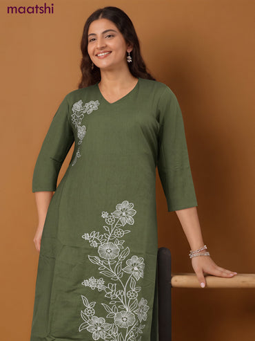 Cotton co-ord set green with floral embroidery work & v neck pattern and palazzo pant