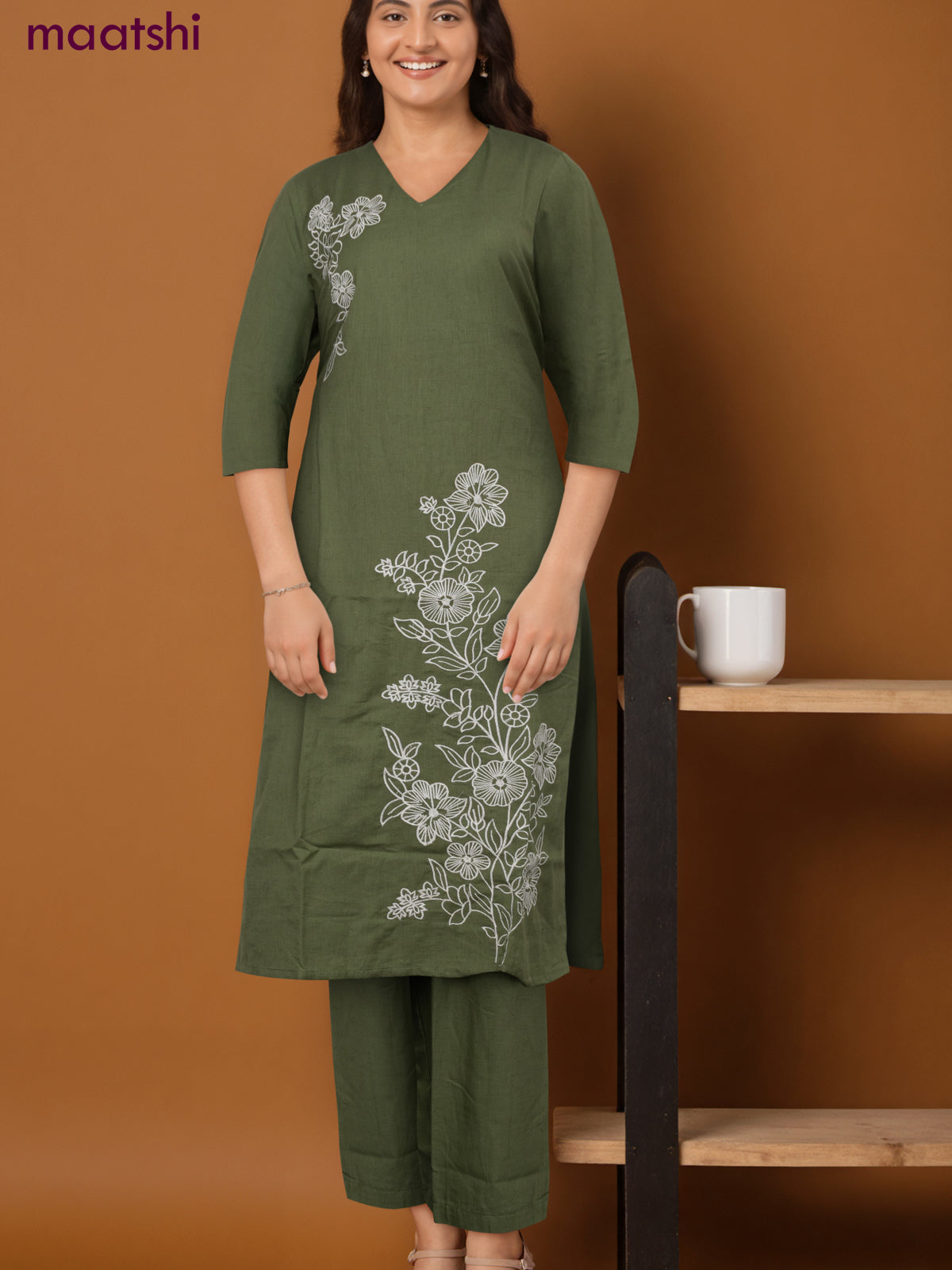Cotton co-ord set green with floral embroidery work & v neck pattern and palazzo pant