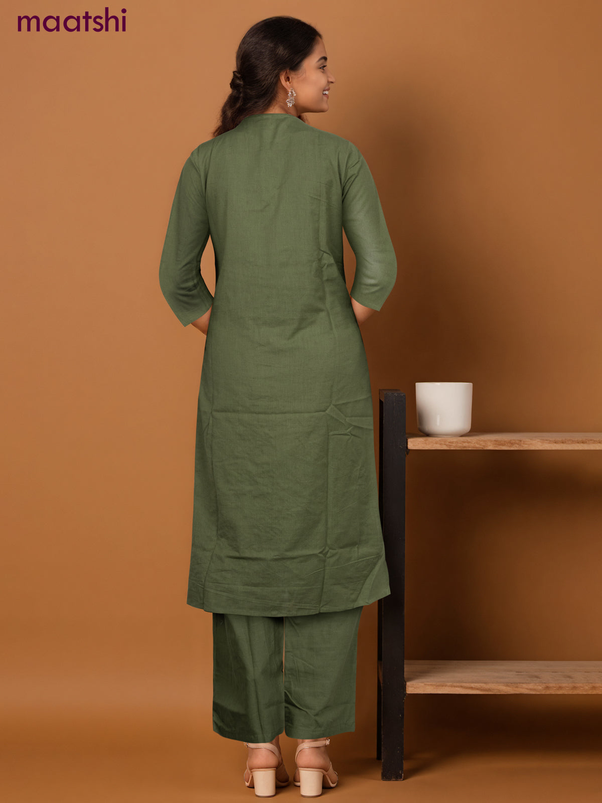 Cotton co-ord set green with floral embroidery work & v neck pattern and palazzo pant