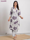 Cotton co-ord set off white and purple shade with floral prints & simple neck pattern and palazzo pant