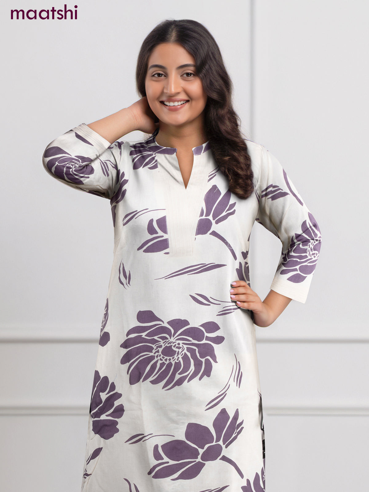 Cotton co-ord set off white and purple shade with floral prints & simple neck pattern and palazzo pant