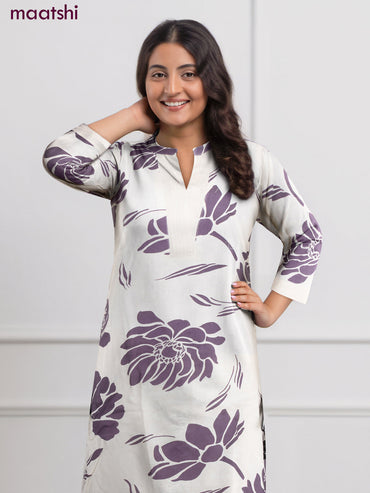 Cotton co-ord set off white and purple shade with floral prints & simple neck pattern and palazzo pant