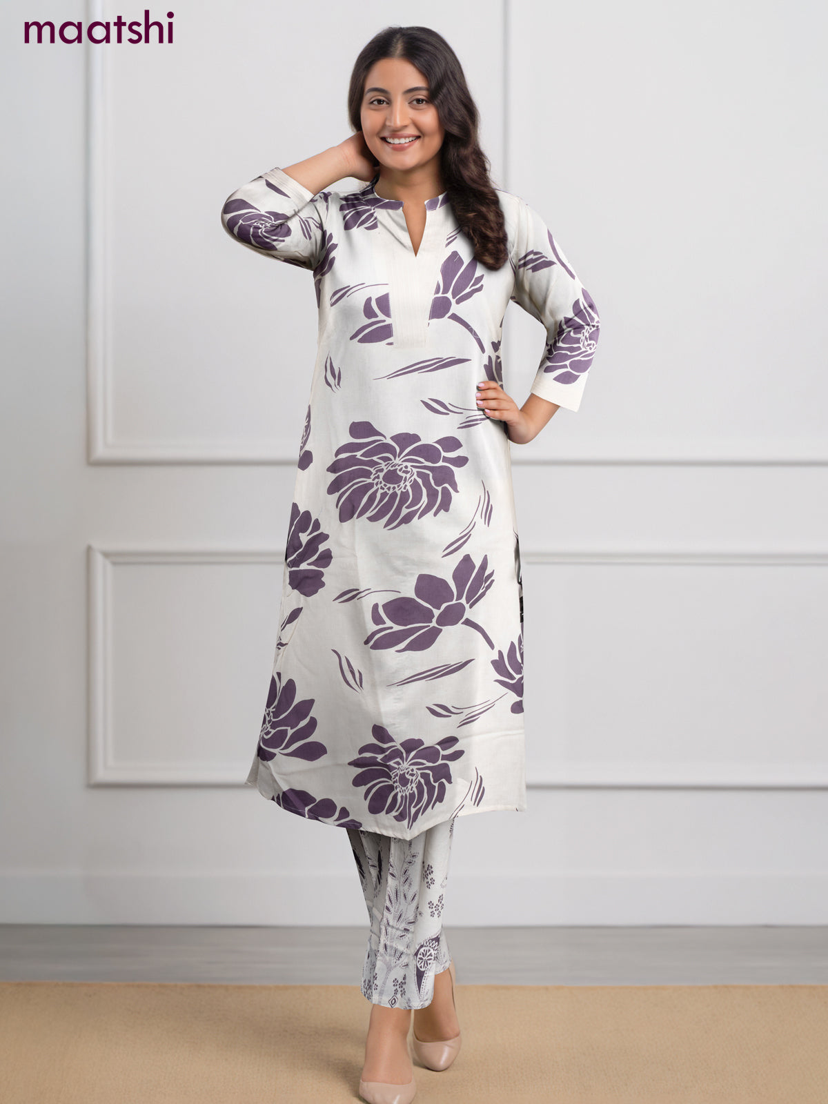 Cotton co-ord set off white and purple shade with floral prints & simple neck pattern and palazzo pant