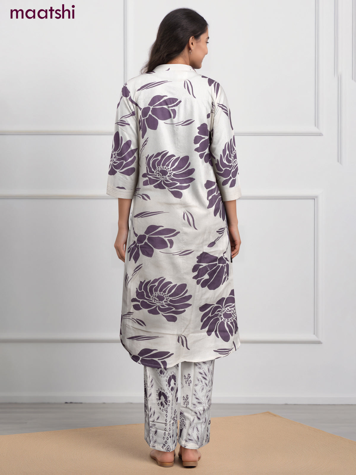 Cotton co-ord set off white and purple shade with floral prints & simple neck pattern and palazzo pant