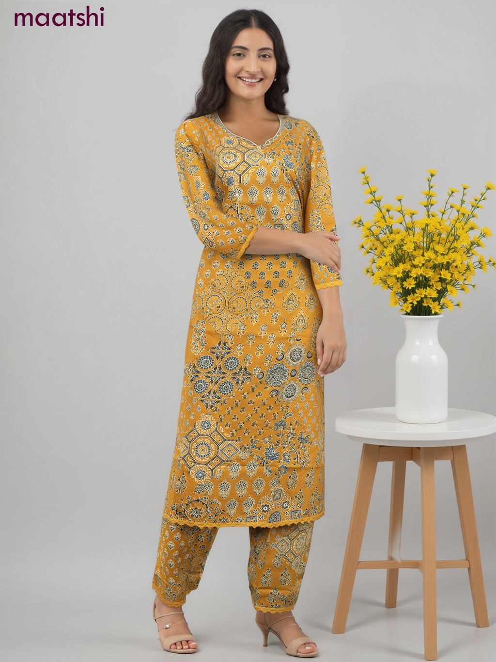 Cotton co-ord set mustard yellow with allover ajrakh prints & & mirror work neck pattern and palazzo pant