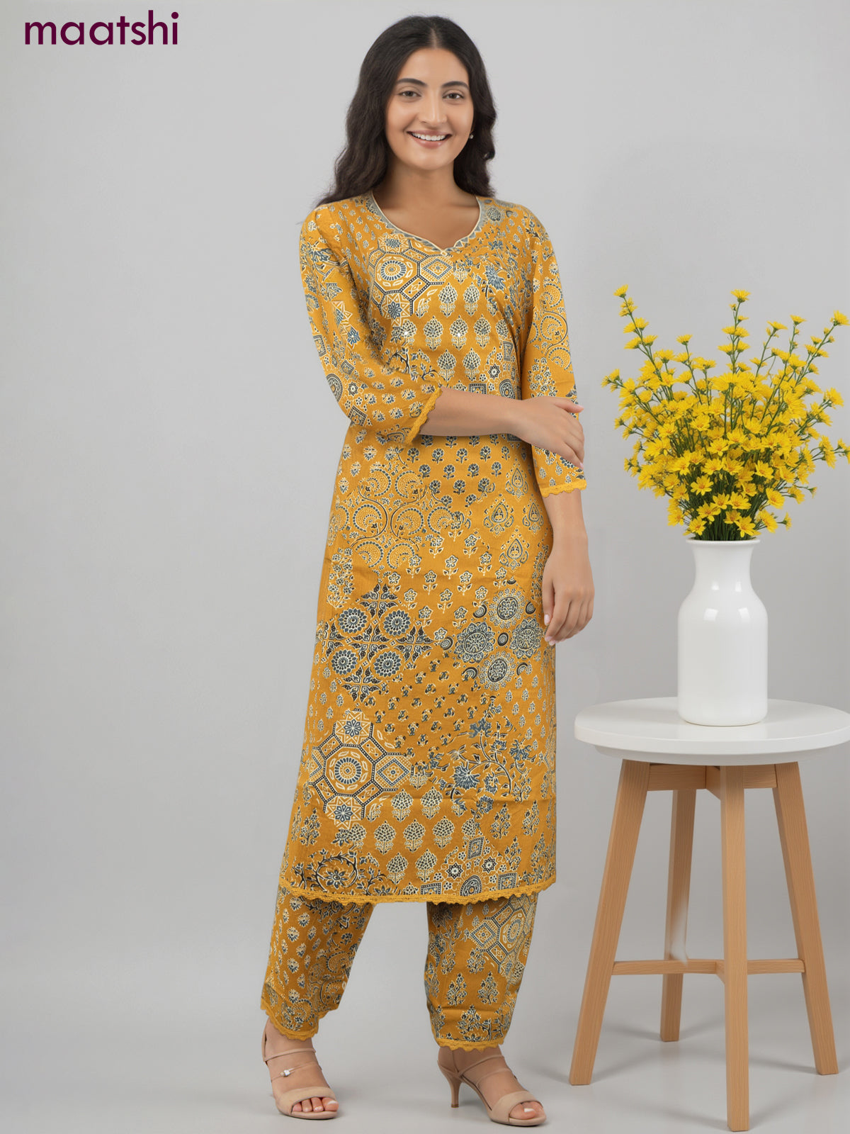 Cotton co-ord set mustard yellow with allover ajrakh prints & & mirror work neck pattern and palazzo pant