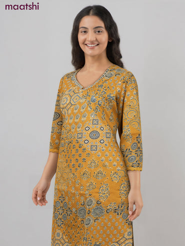 Cotton co-ord set mustard yellow with allover ajrakh prints & & mirror work neck pattern and palazzo pant