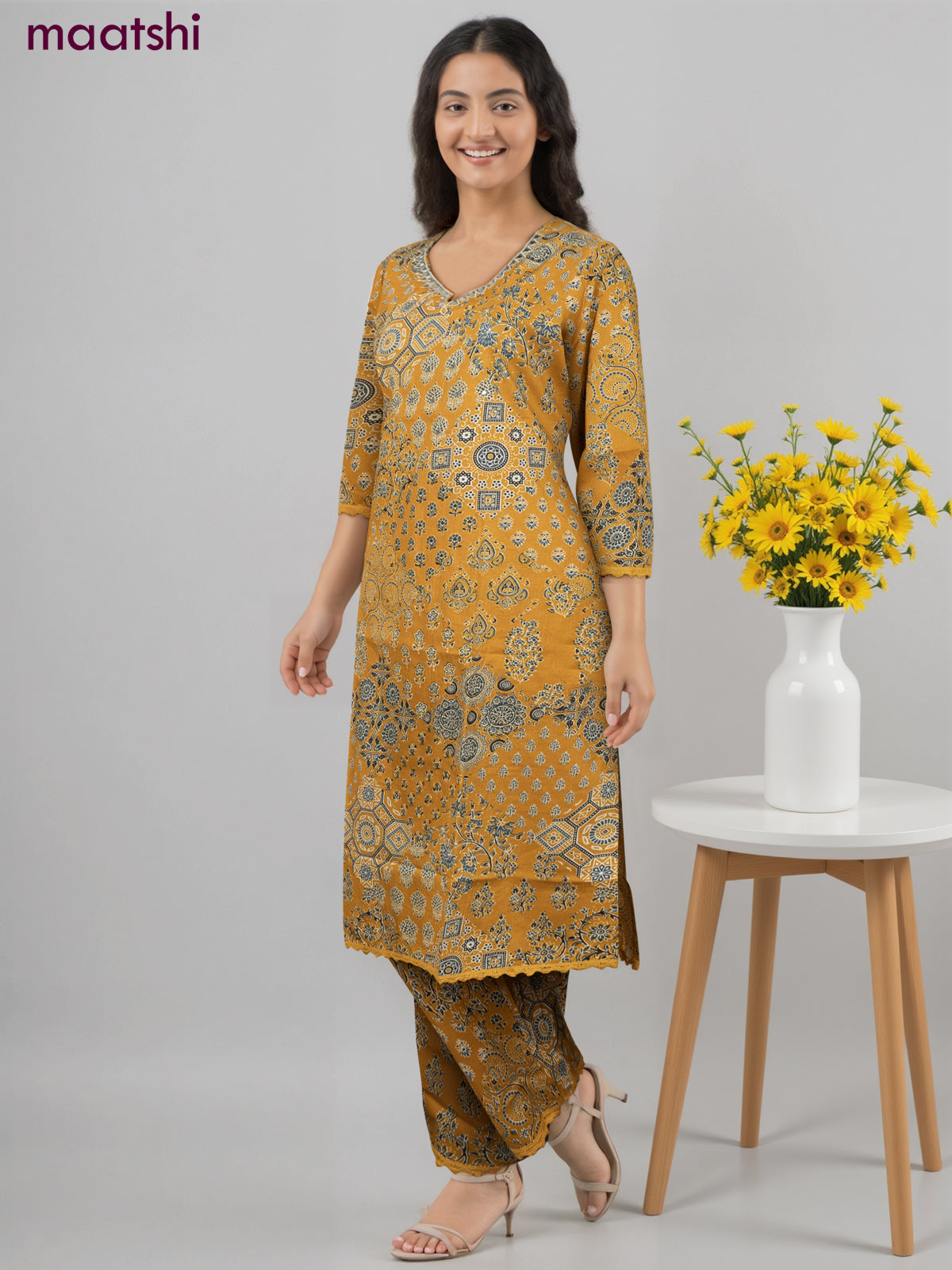 Cotton co-ord set mustard yellow with allover ajrakh prints & & mirror work neck pattern and palazzo pant
