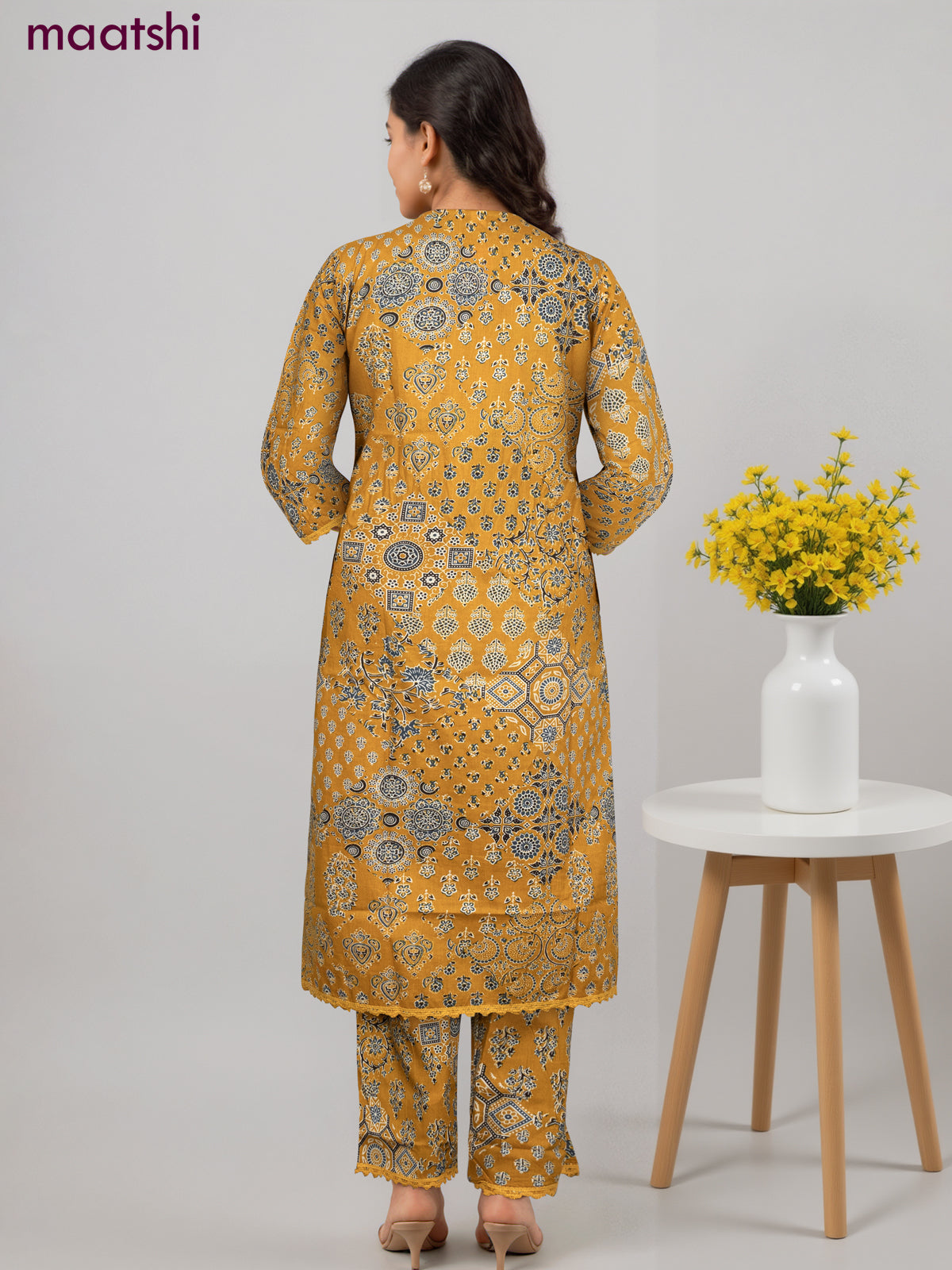 Cotton co-ord set mustard yellow with allover ajrakh prints & & mirror work neck pattern and palazzo pant