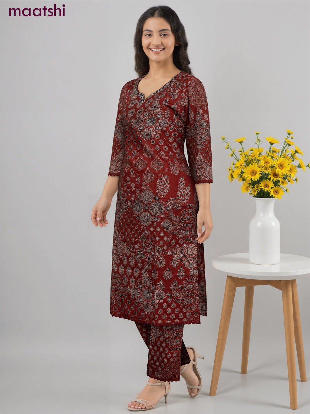 Cotton co-ord set maroon with allover ajrakh prints & & mirror work neck pattern and palazzo pant