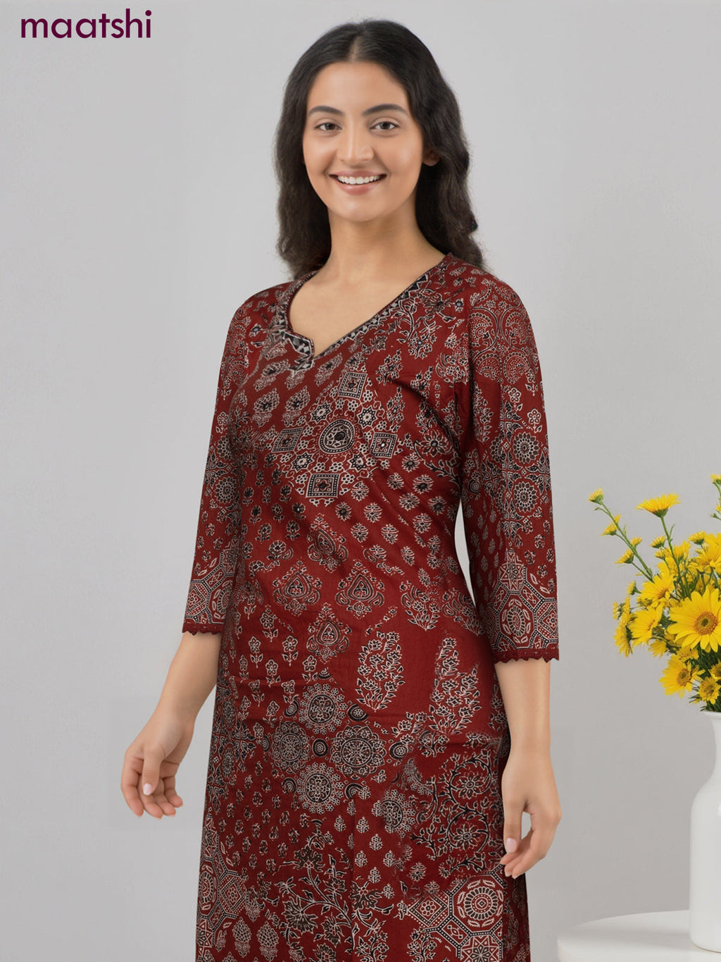 Cotton co-ord set maroon with allover ajrakh prints & & mirror work neck pattern and palazzo pant