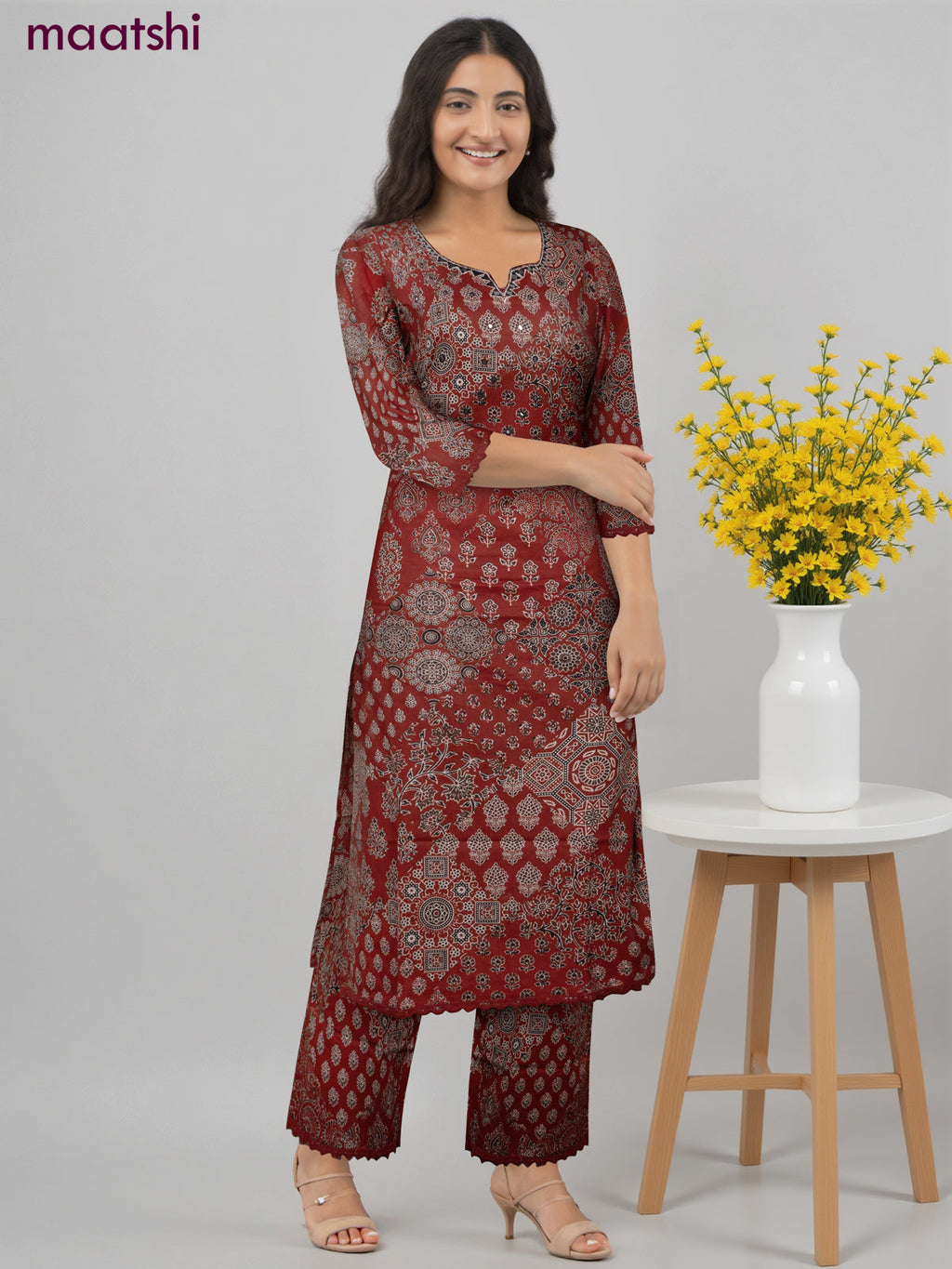 Cotton co-ord set maroon with allover ajrakh prints & & mirror work neck pattern and palazzo pant