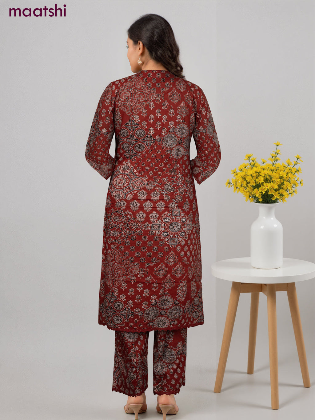 Cotton co-ord set maroon with allover ajrakh prints & & mirror work neck pattern and palazzo pant