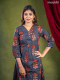 Anarkali cotton kurti set dark grey and rust shade with dabu butta prints & embroidery work v neck pattern and straight cut pant